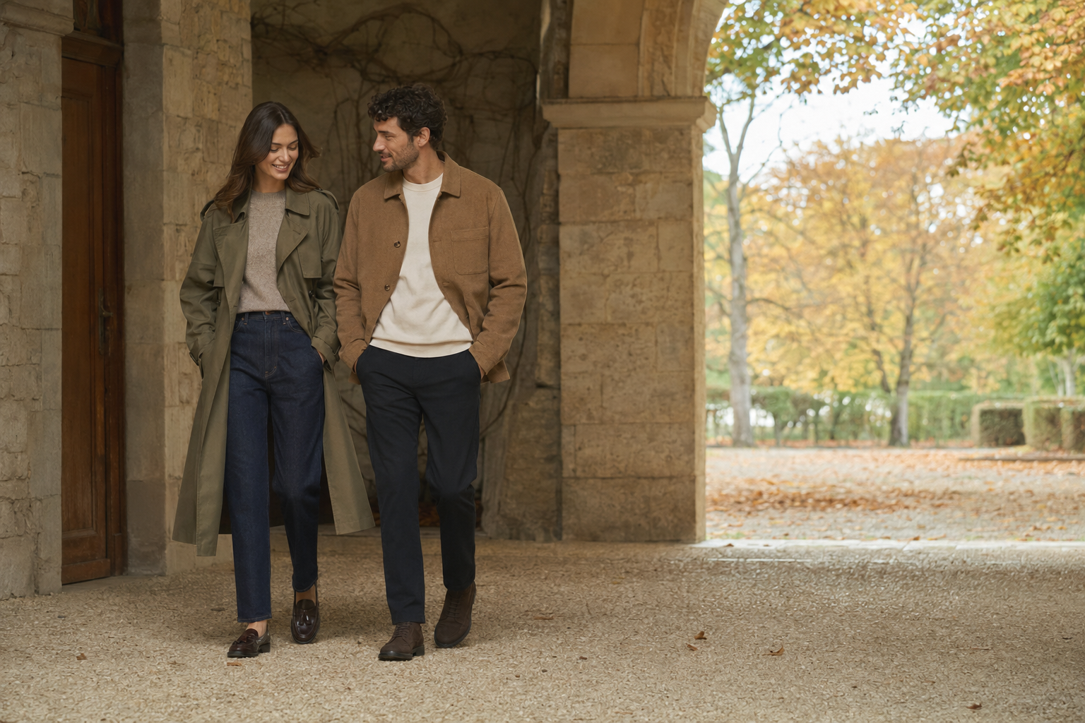 Woman and man walking in an autumn arcade